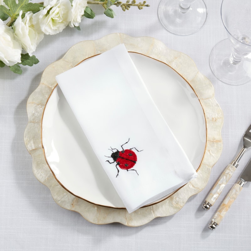 Embroidered Ladybug Cotton-Look Napkins (Set of 4) - Whimsical Nature Motif for Everyday Tables, 20"x20"