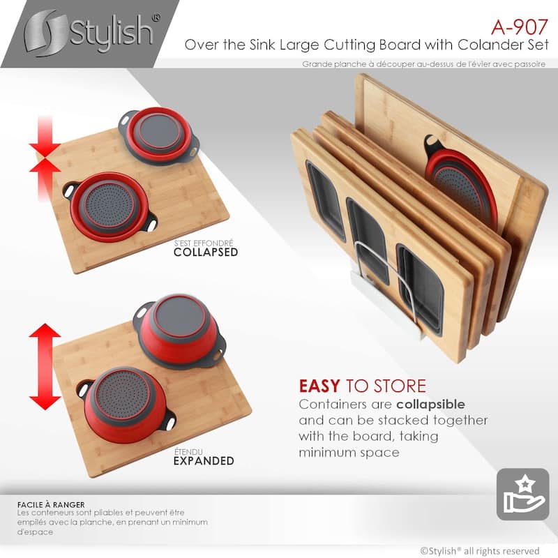STYLISH Bamboo Over the Sink Cutting Board with Collapsible Bowl and Collander - 15.875" x 18"