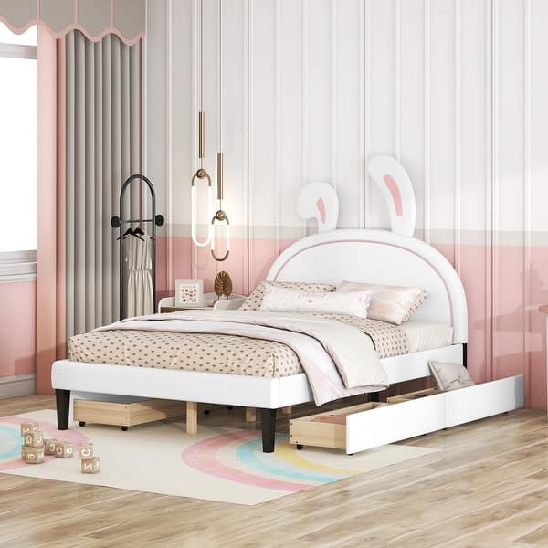 slide 2 of 21, Full Size Upholstered Leather Platform Bed with Rabbit Ornament & 4 Drawers, Low to Ground Full Bed Frame with Slats Support