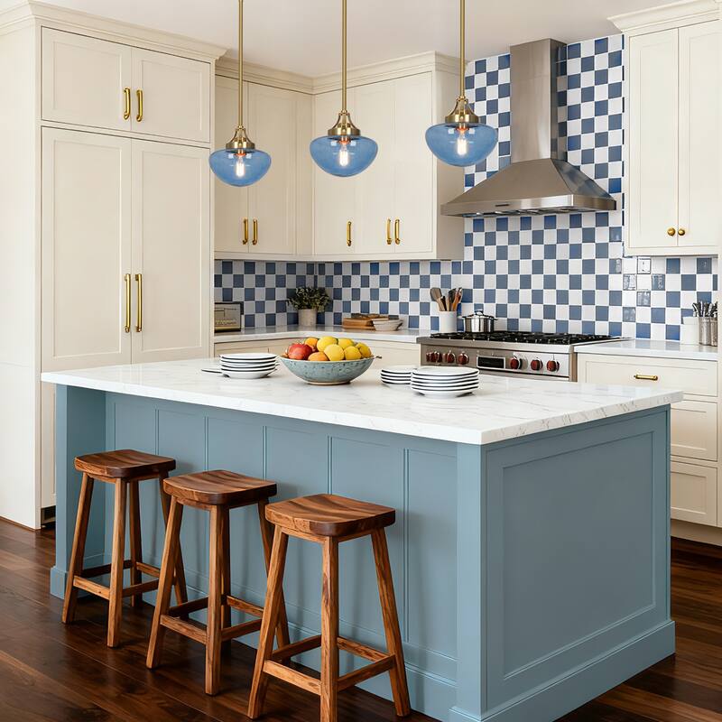 Modern Contemporary 1-Light Gold Kitchen Island Blue Schoolhouse Glass Pendant Lights for Dining Room - 8.5" Dia x 9" H