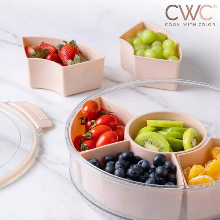 COOK WITH COLOR Round Snackle Box – 6-Compartment Serving Tray with Lid and Handle,Kids Lunch Box & Meal Prep Snack Container