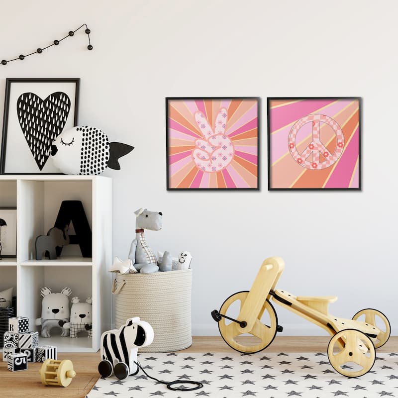Stupell Groovy Peace Symbols on Stripes Framed Giclee Art Design By Jesse Keith (Set of 2)