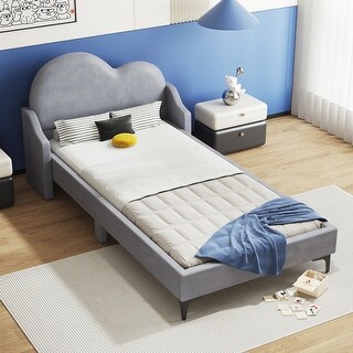 Grey Twin Size Upholstered Platform Bed with Cloud-Shaped Headboard Wooden Bed Frame No Box Spring Required Easy Assembly