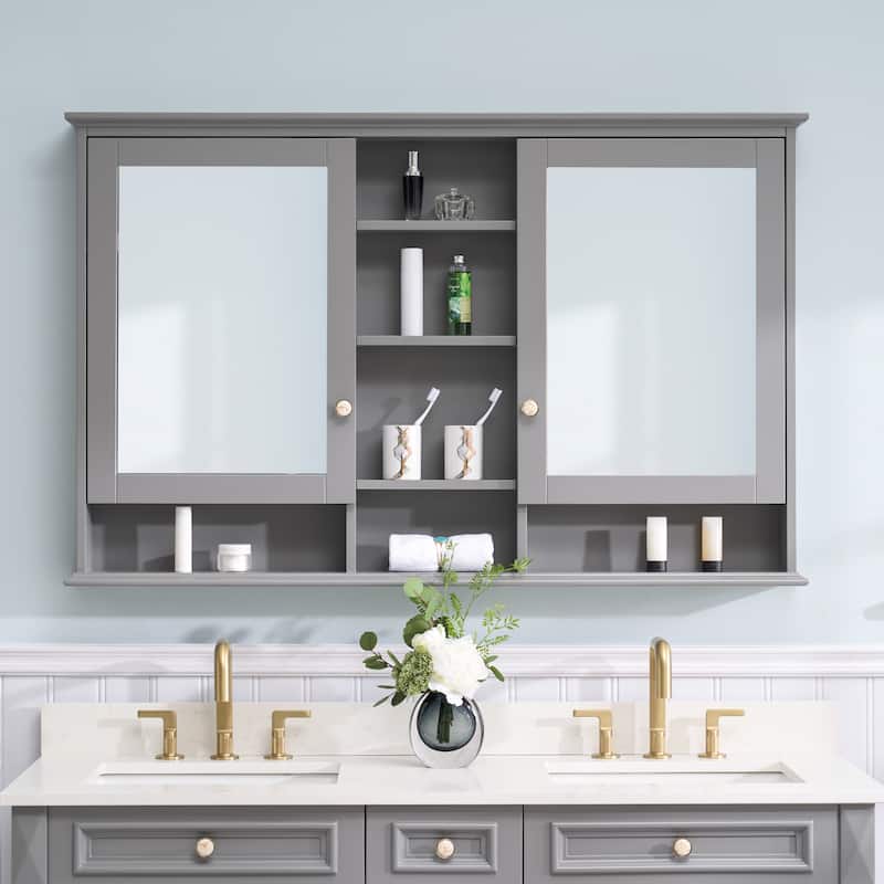 Modern Surface Mount Solid Wood Framed Medicine Cabinet With Mirror and Shelves