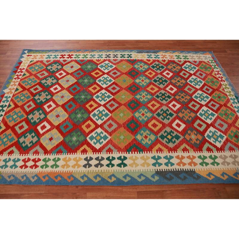 Hand Woven Oriental 100% Wool Carpet Southwestern Geometric Red Kilim Area Rug - 8' 4'' X 5' 10''