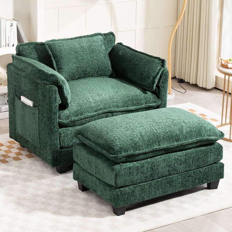 55" Oversized Single Sofa Chaise Lounge with Ottoman, Comfy Reading Chair Upholstered Sleeper Chair with Side Pockets - Dark Green