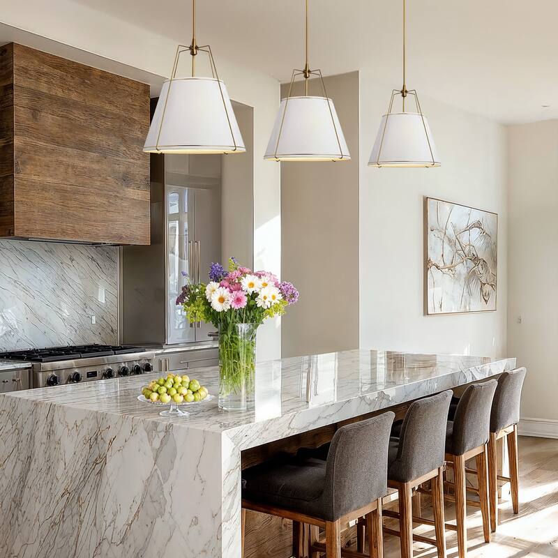 Arthur Modern Pendant Light - Metal, Fabric & Gold, Ivory White Cone Hanging Light For Mid-Century, Modern, Farmhouse Room Decor