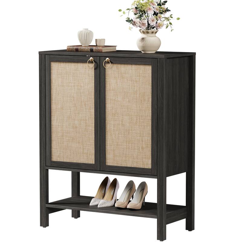 Rattan - Doors Shoes Cabinet with Adjustable Interior - 38.97 - Black