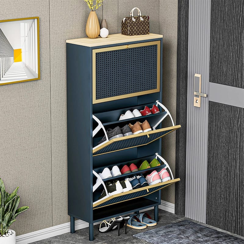 Shoe Storage Cabinet with 3 Flip Drawers Shoe Organizer w/Mesh Door - 23.63" x 9.26" x 49.22"H - Blue-gray