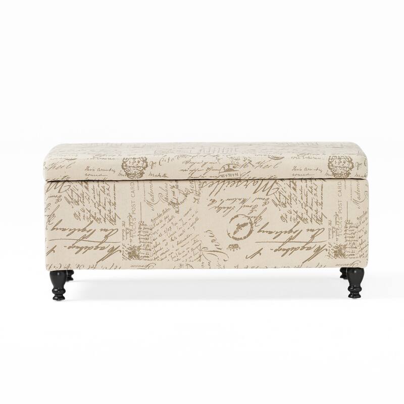 Roomfitters Script Print Storage Bench with Hinged Lid and Turned Legs, Entryway or Bedroom Ottoman, Beige