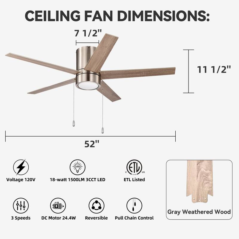 52 in. Indoor Flush Mount Ceiling Fan with 5 Blades & 18W 3CCT LED - 3 Finish Options, Pull Chain Control