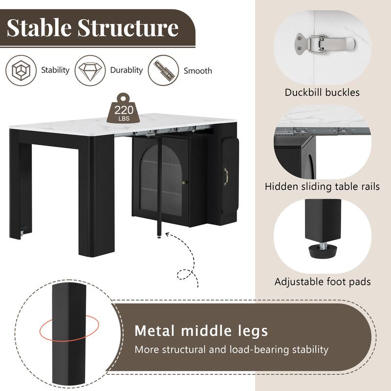 Roomfitters Extendable Dining Table, Mobile Kitchen Island, Rolling Storage Cabinet with Power Outlet