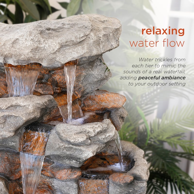Alpine Corporation WIN730 52" Brown Outdoor Floor Tiered Rainforest Rock Fountain with LED Lights