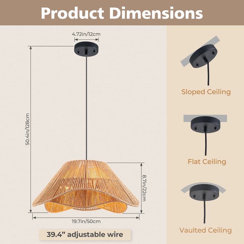 FTL 19 inch Rattan Pendant Light Fixture Boho