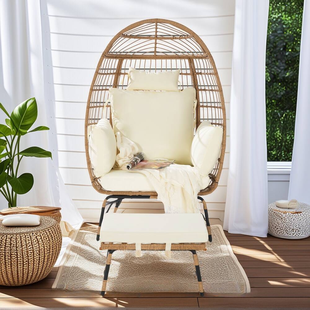 Luxury All-Weather Egg Chair with Ottoman, Oversized Rattan Hanging Chair for Patio, Balcony & Backyard