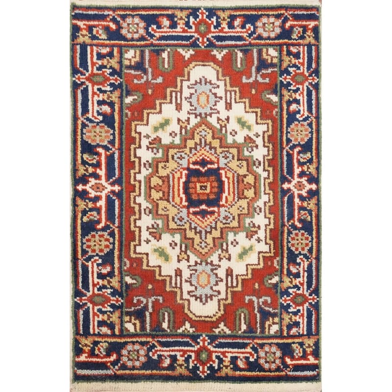 Hand Knotted Oriental 100% Wool Carpet Traditional Medallion Beige & Ivories Heriz (serapi) Area Rug - 3' 0'' X 2' 0''