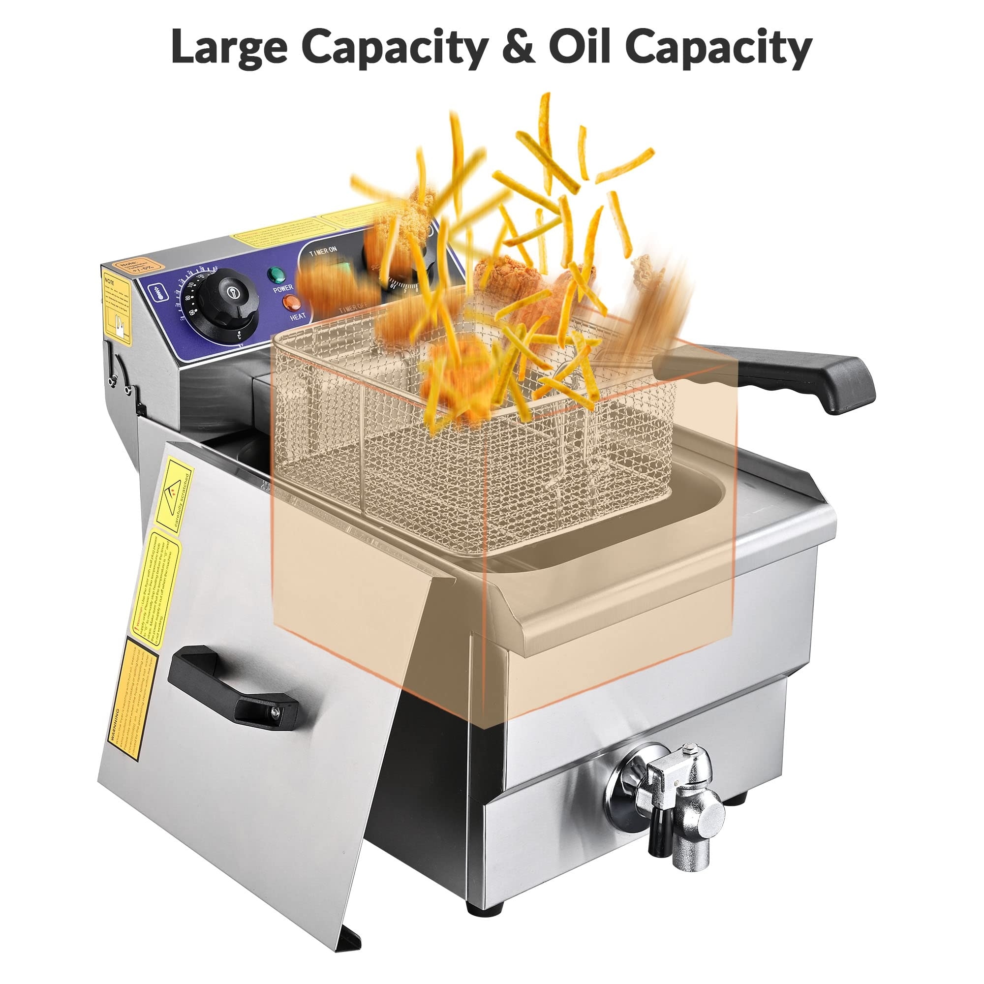 Commercial Deep Fryer 11.7L Stainless Steel Basket Single Tank Timer Drain Electric Countertop Restaurant Fryer