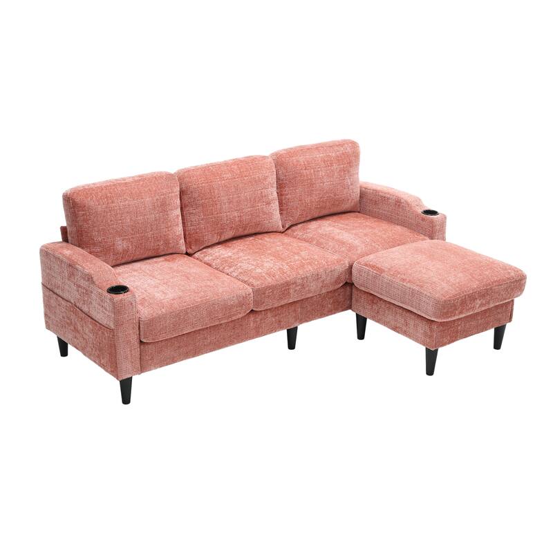 Modular Sectional Sofa with Storage Ottoman, Comfy Chenille Fabric Sofa, 3-Seater Sofa with Side Pockets & 2 Cup Holders