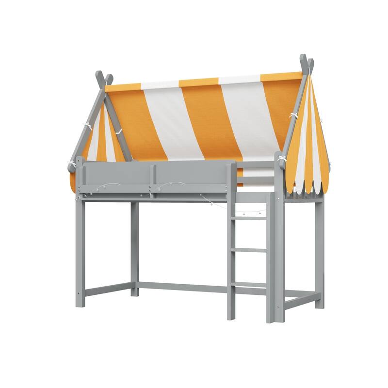 Full/Twin Size Loft Bed with Canopy, LED Lights & Bookshelf, Elevated Bed with Storage