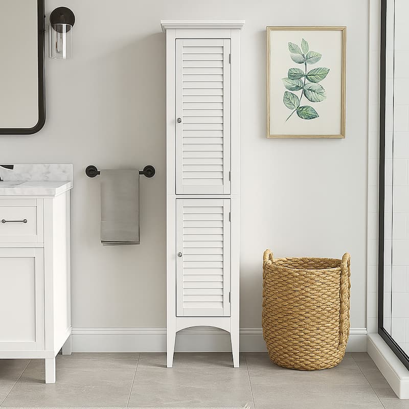 Teamson Home 62.99 in. H White Bathroom Linen Tower Cabinet with 2 Shutter Doors, Freestanding Storage Organizer - Glossy - White