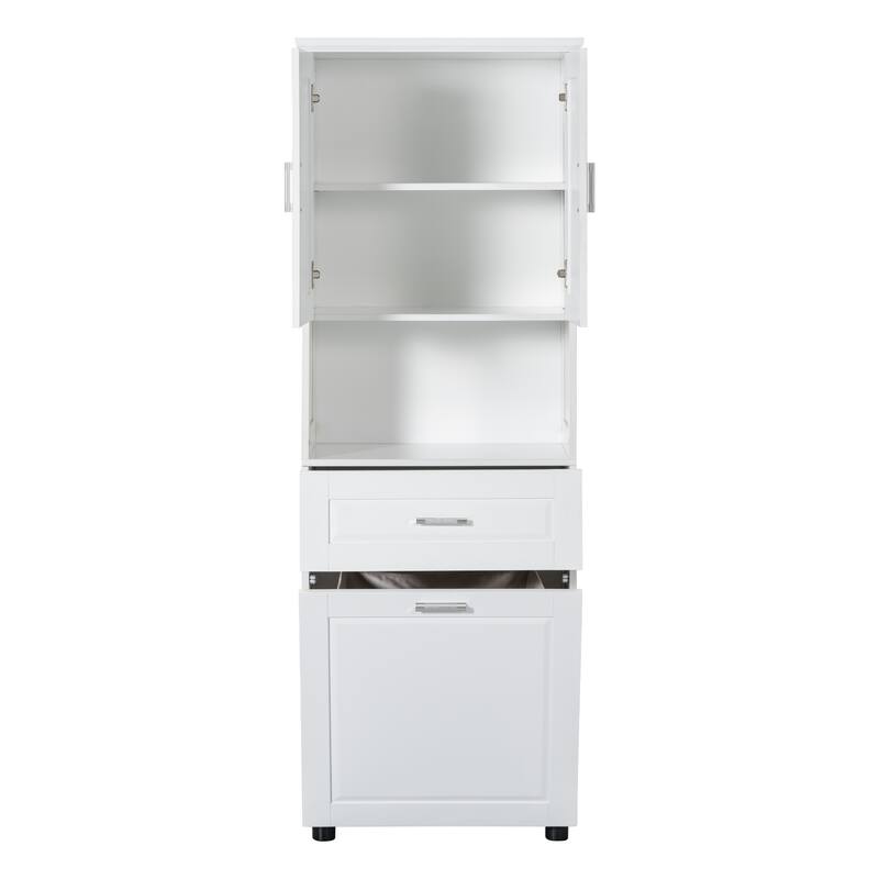 Tall Bathroom Linen Tower with Cabinet, Drawer and Hamper