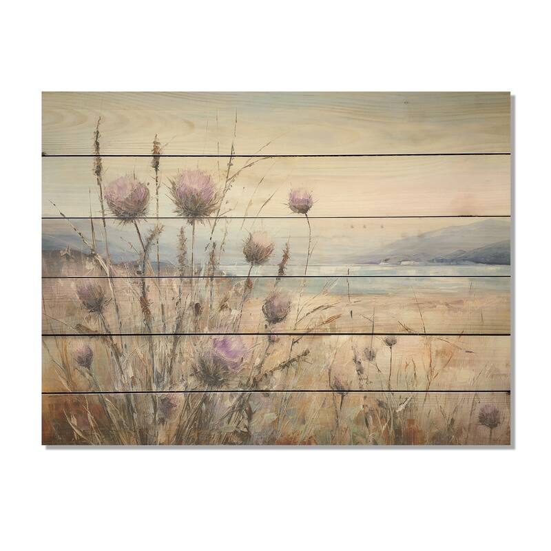 Designart "Purple Thistle Field Farmhouse Charm I" Thistle Wood Wall Art - Traditional Wood Panel On Natural Pine Wood
