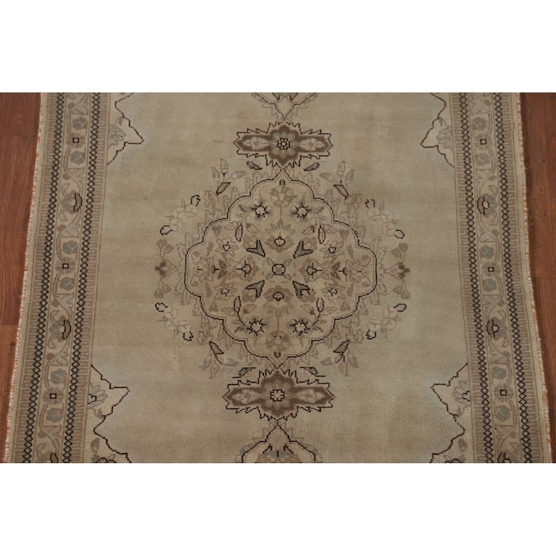 Geometric Tabriz Persian Vintage Rug Hand-Knotted Beige Wool Carpet - 3'6"x 5'3"