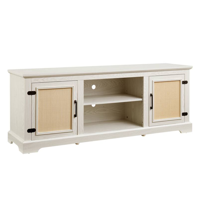 TV Stand for TVs up to 70" with Natural Rattan Doors, 2 Storage Cabinets, 3 Adjustable Shelves, Multifunctional Console Table