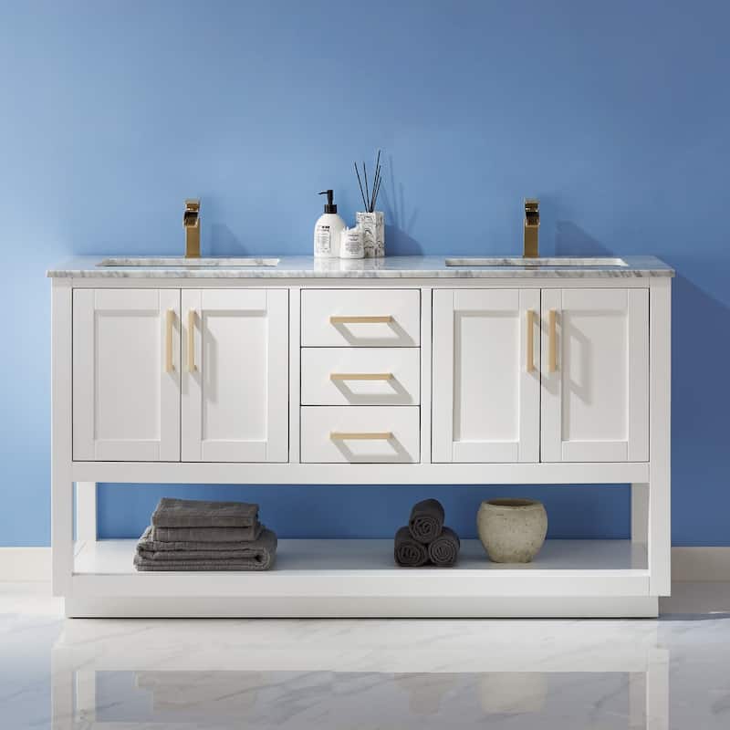 Altair Remi Double Bathroom Vanity Set Carrara White Marble Top - 60 - White + Brushed Copper Hardware