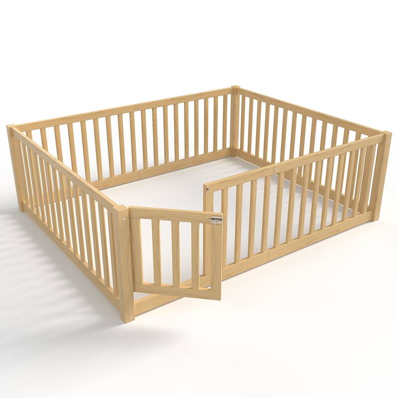 Montessori Floor Bed with Safety Guardrails & Door, Kids Low Profile Frame, Available in Queen/Full/Twin