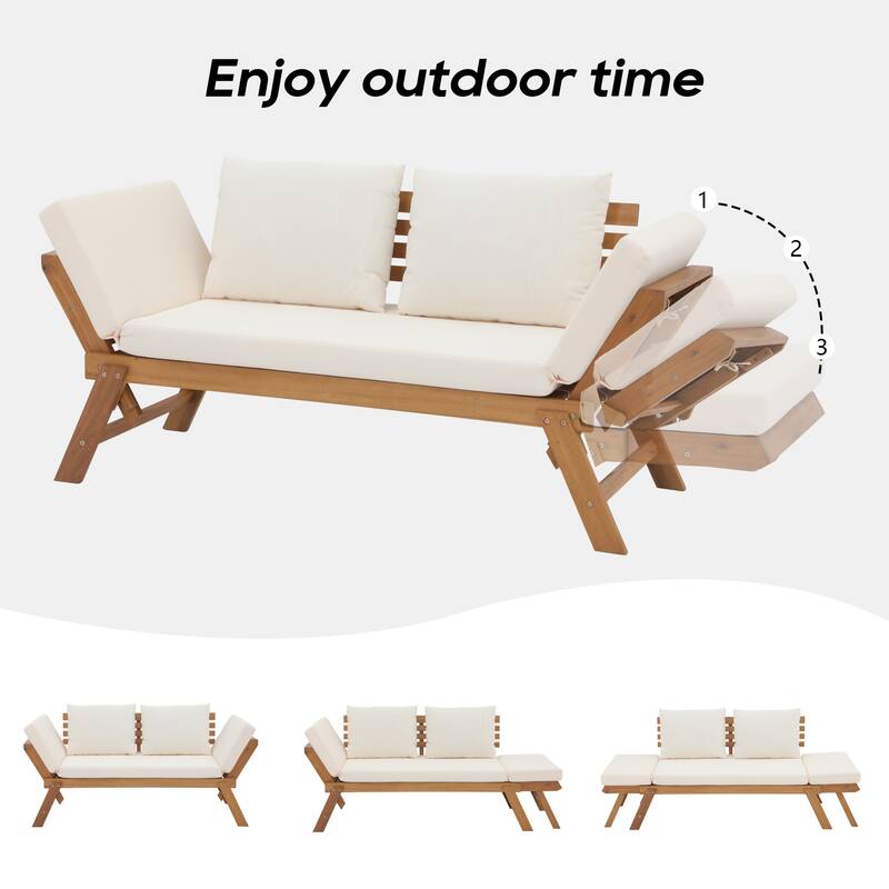 78" Outdoor Acacia Wood Expandable Daybed with Cushions Patio benches and Pool loungers
