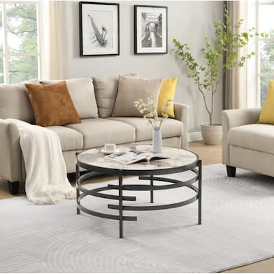 32.48 Round Coffee Table With Sintered Stone Top Sturdy Metal Frame