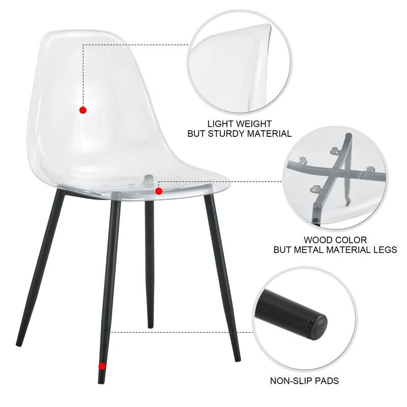 Roomfitters Transparent Plastic Dining Chairs with Black Metal Legs, Armless Crystal Nordic Style Set of 4 for Home Use, Black
