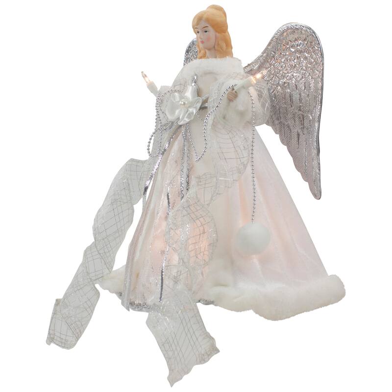 12" Silver White Angel Wings Christmas Tree Topper Clear Lights