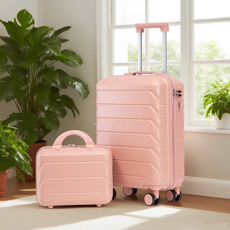 14"/20" 2-Piece, Modern Luggage Sets with Makeup Case, Spinner Wheel and Combination Lock, for Boarding Travel, Pink