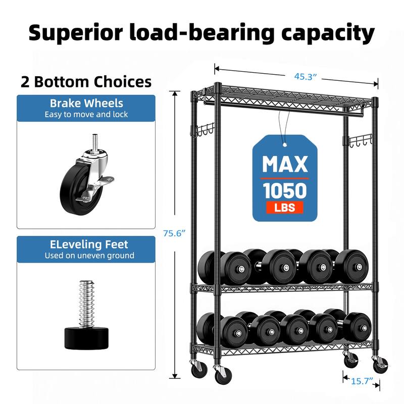 Heavy Duty Rolling Garment Rack 3 Tiers Adjustable Wire Shelving Clothes Rack with 1 Rods and Side Hooks