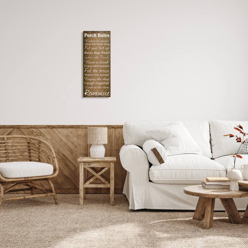 Stupell Porch Rules Country Landscape Wood Textured Word Design,10x24, Proudly Made in USA