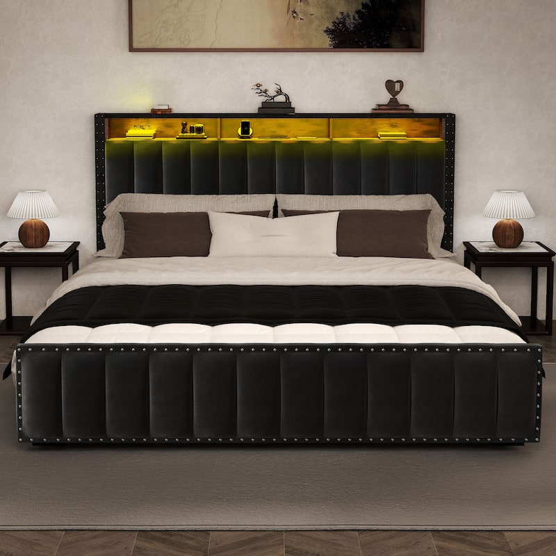 Velvet Upholstered Platform Bed with 4 Storage Drawers and RGB LED Lights&Charging Station