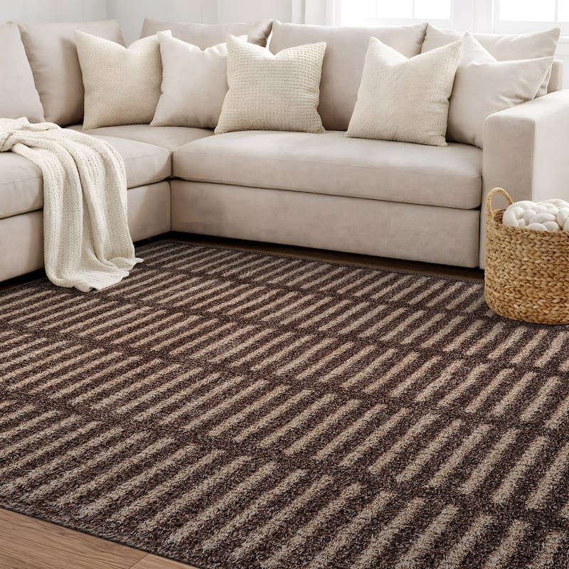 Bohemian Stripe Lines Shag Rug - Textured Surface - Anthracite Dark Gray - Easy to Clean