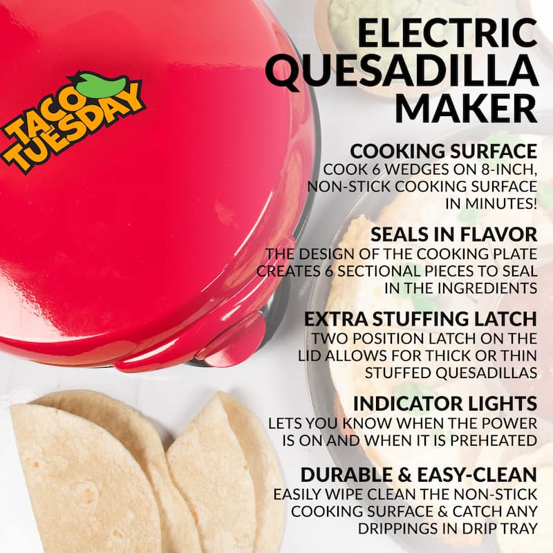 Taco Tuesday 6-Wedge Electric Quesadilla Maker with Extra Stuffing Latch