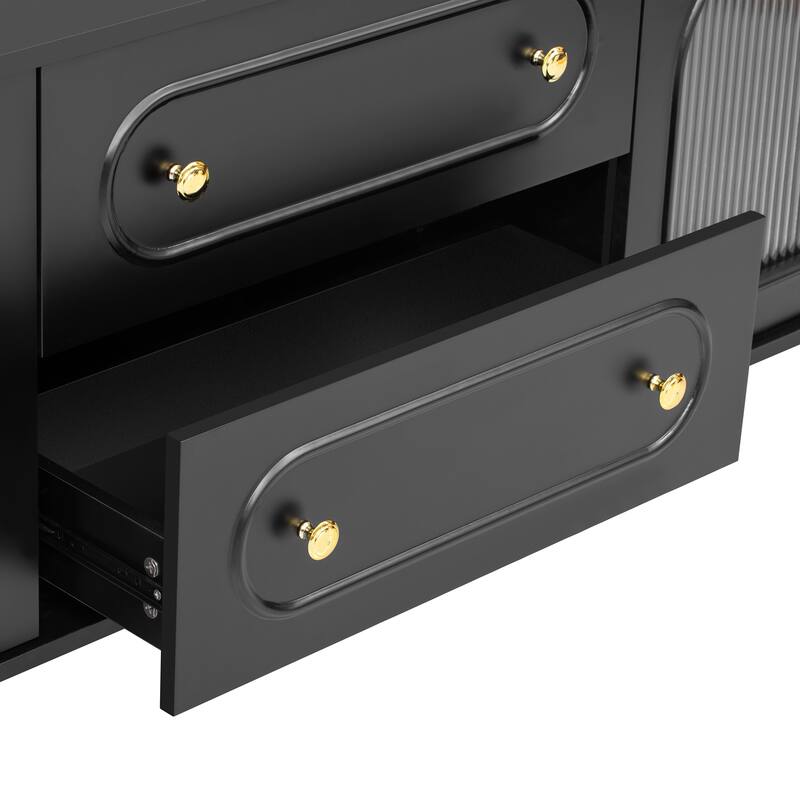 Roomfitters Modern TV Stand for up to 80 Inch TV, Media Console with Fluted Glass Doors, Drawers and Cabinets, Black