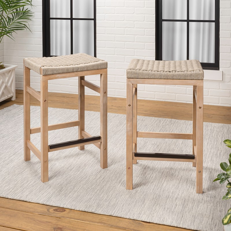 Armand Backless Acacia Wood Outdoor Stool with Woven Rope Seat, (Set of 2)