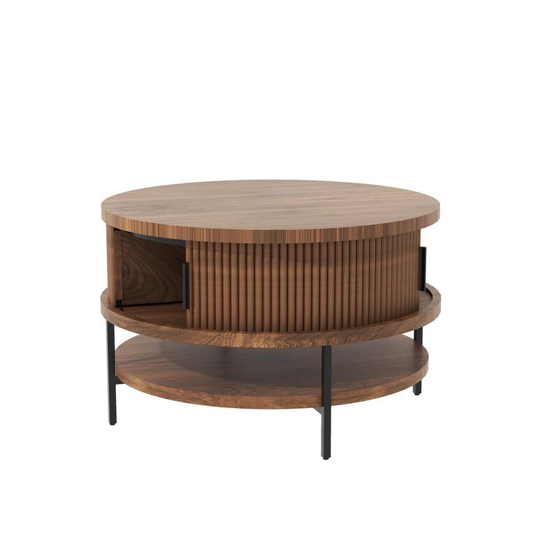 Flip-Top Round Coffee Table with Storage for Living Room, 31.5" Farmhouse Style Center Table with Sliding Doors