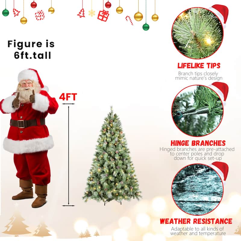8FT Christmas Tree with 550 Warm White LED Lights-1858 PVC & Hard Needle Tips,102 Pine Cones,Hinged Branch Design