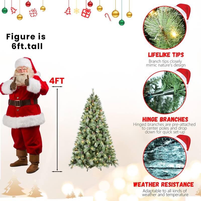 Pre-Lit Artificial Christmas Tree - Warm White LED Lights, PVC & Hard Needle Tips, Pine Cones, Metal Stand - Green