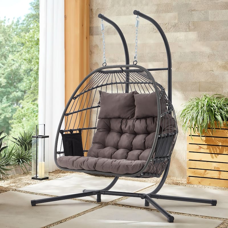 EROMMY Hanging Egg Chair with Stand, Portable Indoor/Outdoor Swing Chair with Cushion and Pillow, Wicker Patio Swing,Grey