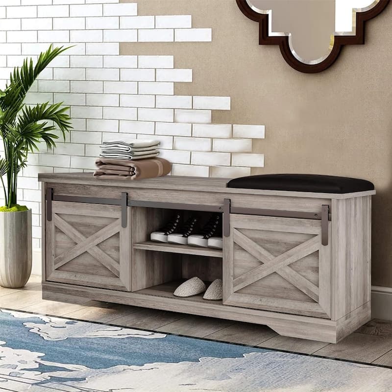 47" Grey Farmhouse Entryway Shoe Bench with Thickened Cushion - Grey