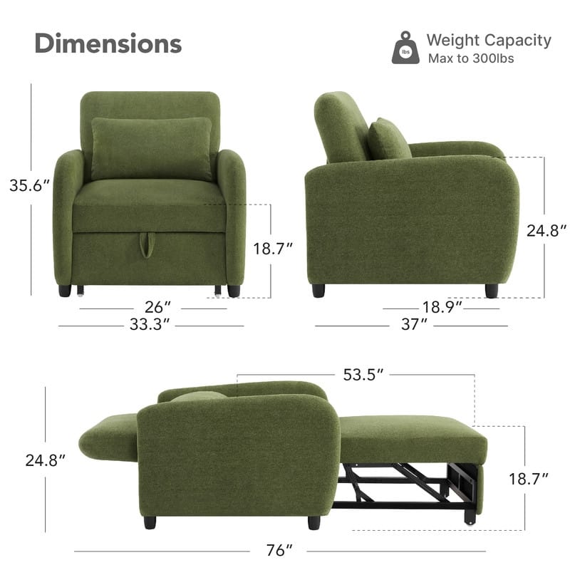 Spruce & Spring Modern Pull-Out Accent Chair Bed with Adjustable Backrest & Space-Saving Design