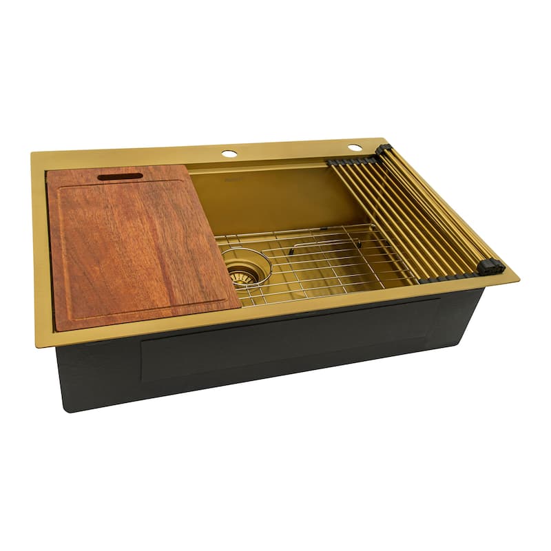 Ruvati 33 inch Polished Brass Matte Gold Workstation Drop-in Topmount Kitchen Sink Single Bowl - 33" x 22" - 33" x 22"