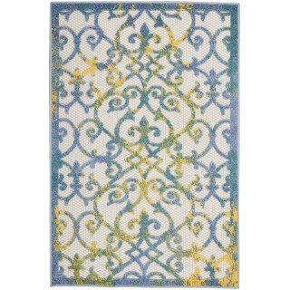 3' X 4' Ivory And Blue Damask Non Skid Indoor Outdoor Area Rug - 6' x 7 ...